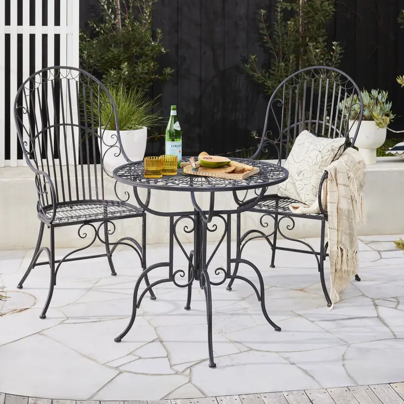 Arles Black Powder-Coated Garden Table And Two Matching Stackable Chairs 1
